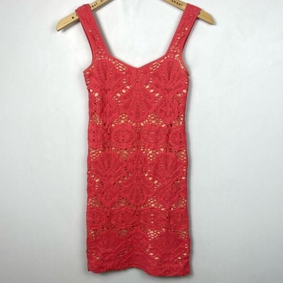 Free People Stretch Lace Pink Tank Dress Bodycon Size Medium / Large Coral Boho - Picture 6 of 8